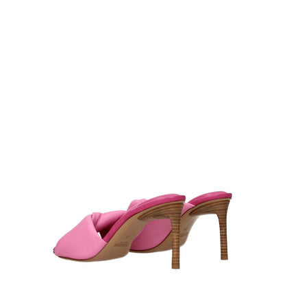 Jacquemus Pink Leather Stiletto Heel Sandals with open toe and mid heels, showing back view with a leather sole.