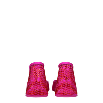 The Attico Pink Satin Platform Sandals with rhinestones, featuring an open toe and high heel, view from the back.