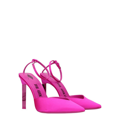 The Attico Pink Satin Stiletto Heel Sandals with pointy toe and buckle closure, featuring a 10.5 cm leather sole high heel.
