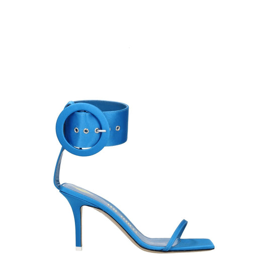 The Attico Light Blue Satin Stiletto Heel Sandals with buckle closure and open toe design, featuring a leather sole and mid heels.
