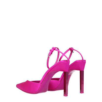 The Attico Pink Satin Stiletto Heel Sandals with buckle closure, pointy toe, and 10.5 cm high heels.
