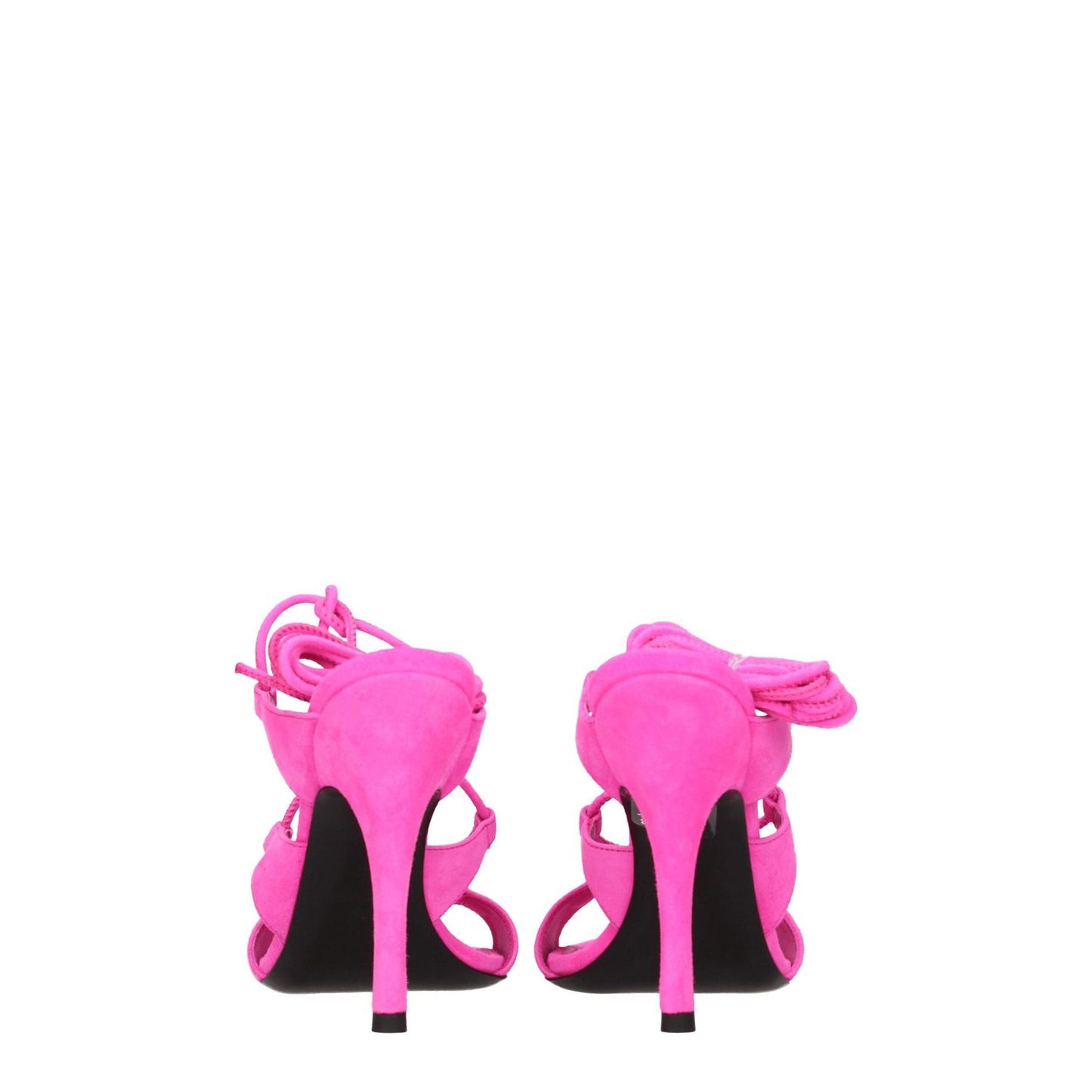 Back view of The Attico Pink Leather Stiletto Heel Sandals with 10.5 cm high heels and self-tie closures, designed in vibrant fuchsia suede.