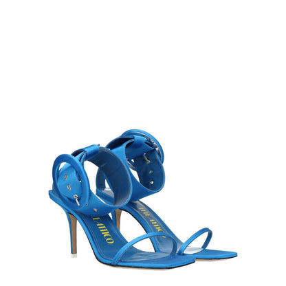 The Attico Light Blue Satin Stiletto Heel Sandals with buckle closure and leather sole, featuring an 8.5 cm mid heel and open toe design.