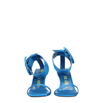 The Attico Light Blue Satin Stiletto Heel Sandals with buckle closure and open toe design, featuring mid heels and leather sole.
