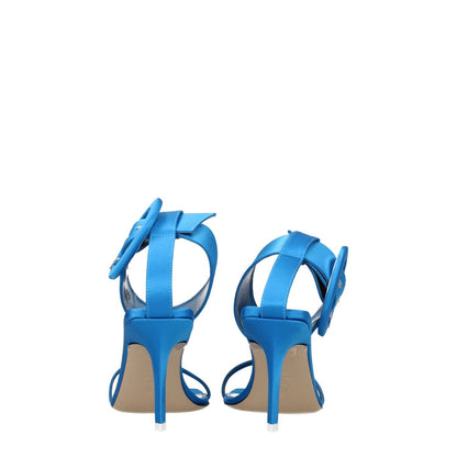 The Attico Light Blue Satin Stiletto Heel Sandals with buckle closure and open toe design, rear view showing mid heels.