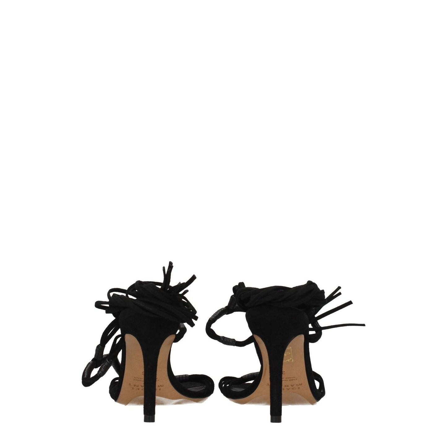 Back view of Isabel Marant Black Leather Stiletto Heel Sandals with self-tie closures and open toe design.