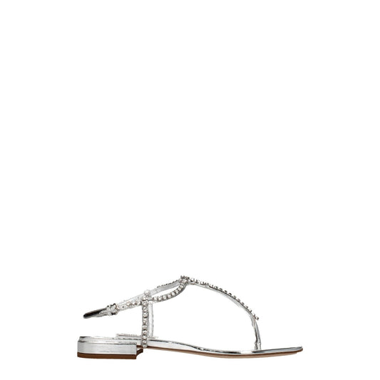 Miu Miu Gray Leather Flip-Flop Sandals with metallic effect and rhinestone details, featuring a buckle closure and open toe design.