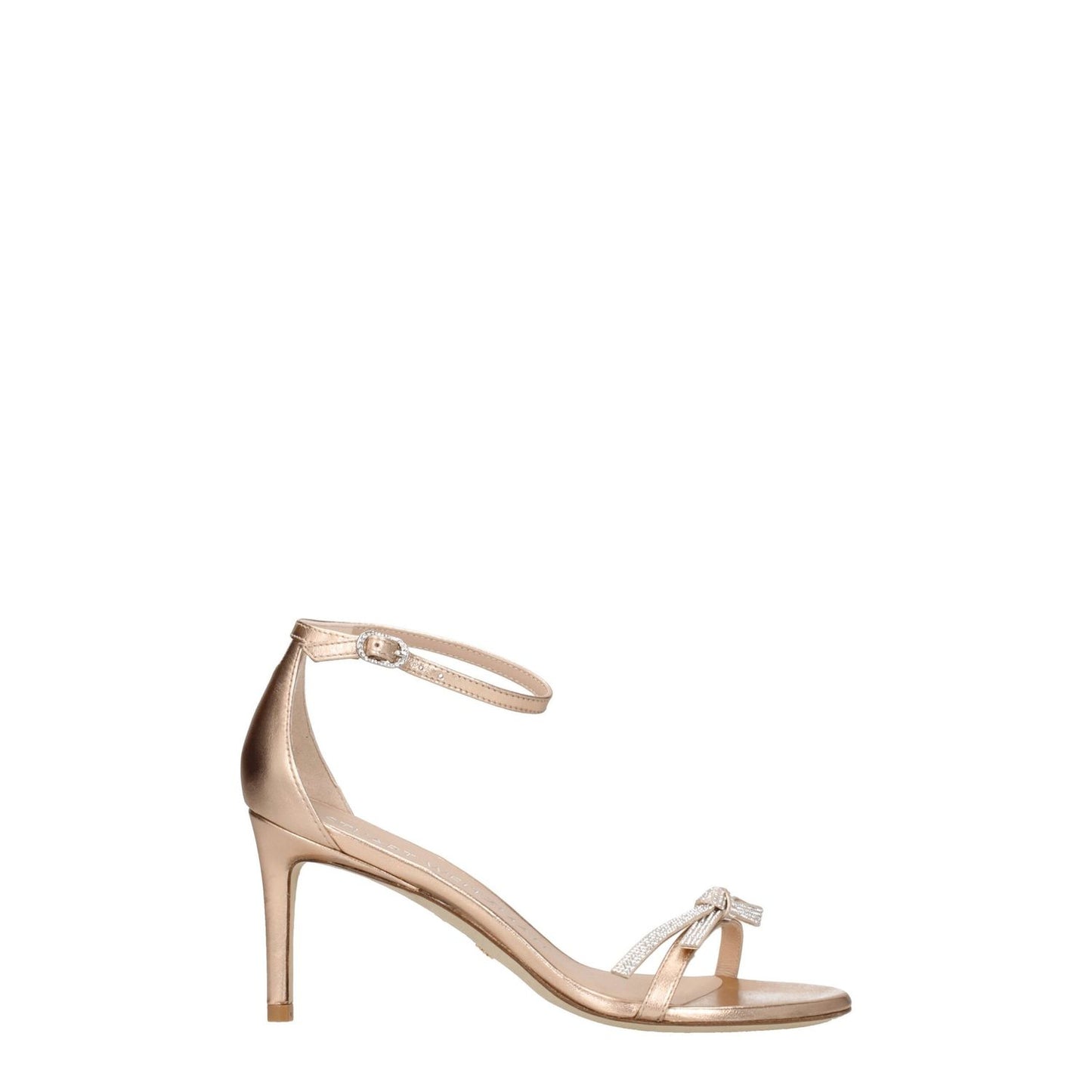 Stuart Weitzman Pink Leather Stiletto Heel Sandals with metallic effect, open toe, and buckle closure.