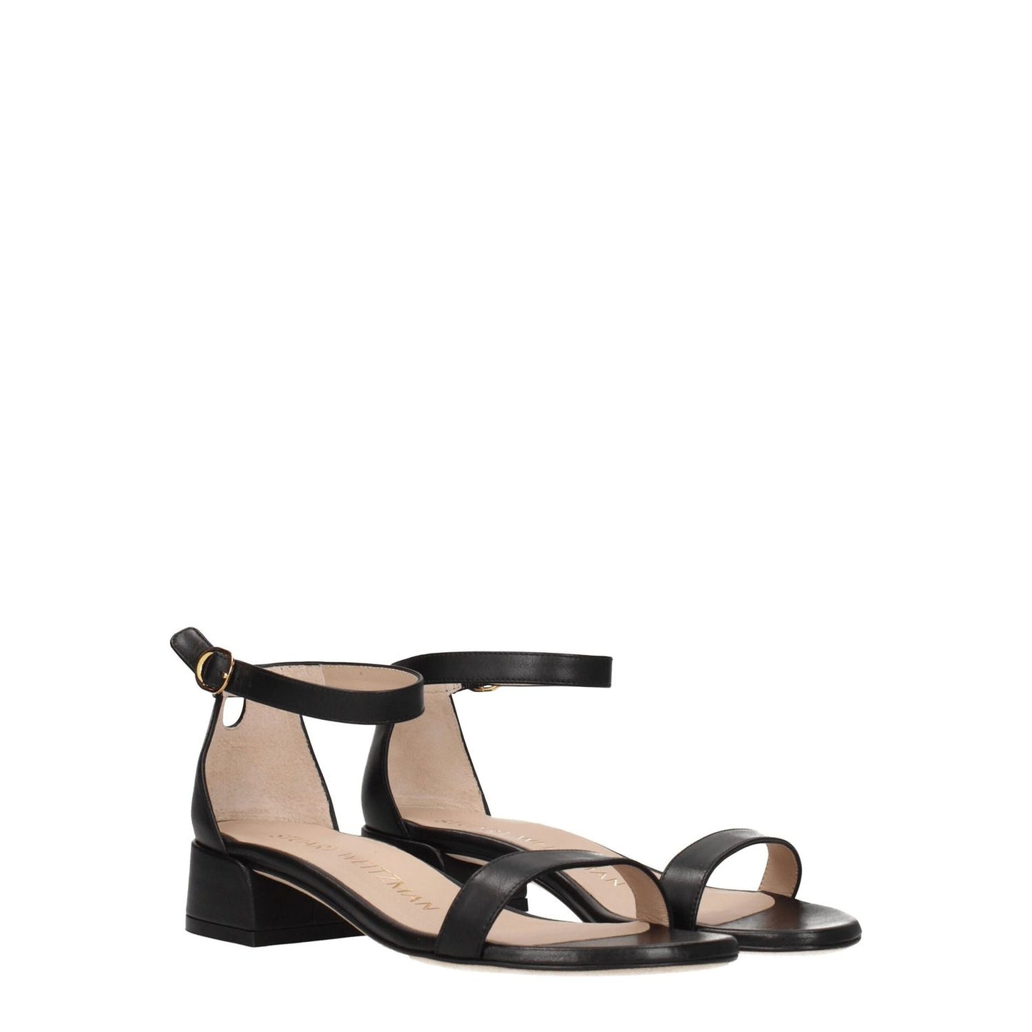 Stuart Weitzman Black Leather Flat Sandals with buckle closure, gold color details, and mid heels, featuring open toe design, heel height 3.5 cm.