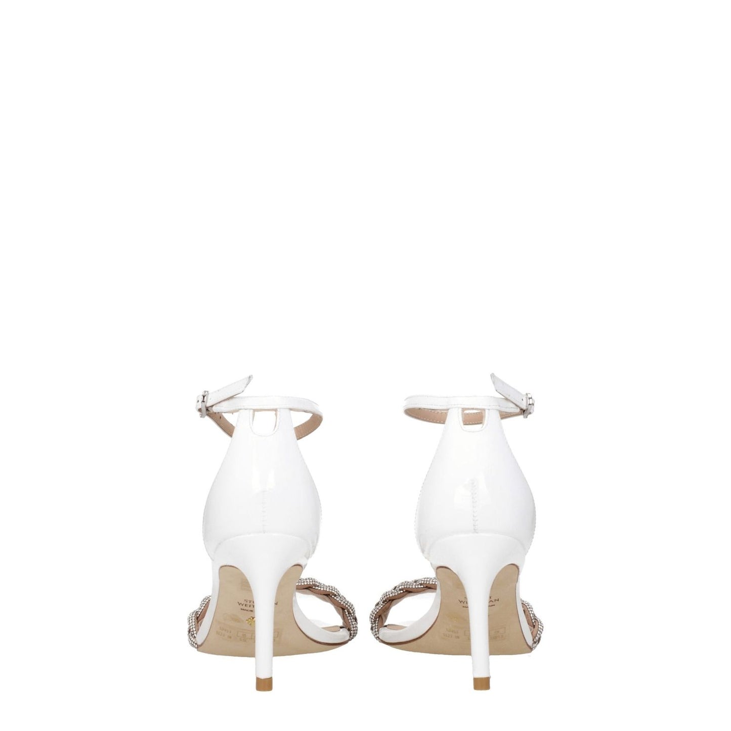 Rear view of Stuart Weitzman White Leather Stiletto Heel Sandals with buckle closure and open toe design, showcasing mid heels and leather sole.