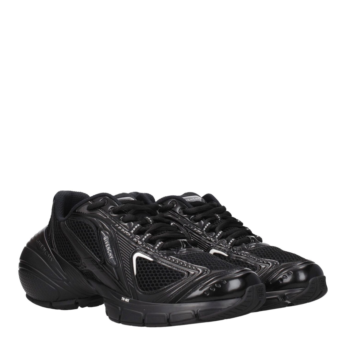 Givenchy Black Fabric Athletic Sneakers with lace-up closure, leather materials, rubber sole, and mid heels. Model BH008MH1FE001.