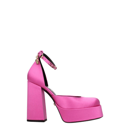 Versace Pink Satin Platform Pumps with buckle closure, high heels, round toe, and rhinestone side detail, made from satin and leather.