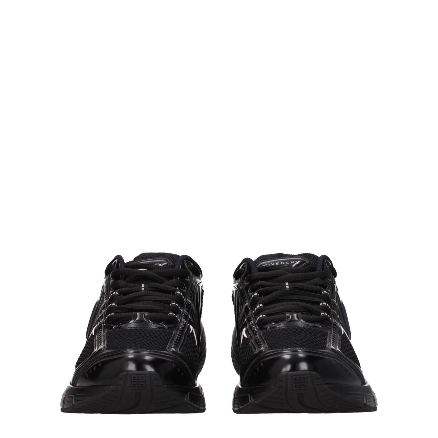 Givenchy Black Fabric Athletic Sneakers with logos, lace-up closure, rubber sole, and mid heels, featuring a sleek black design.