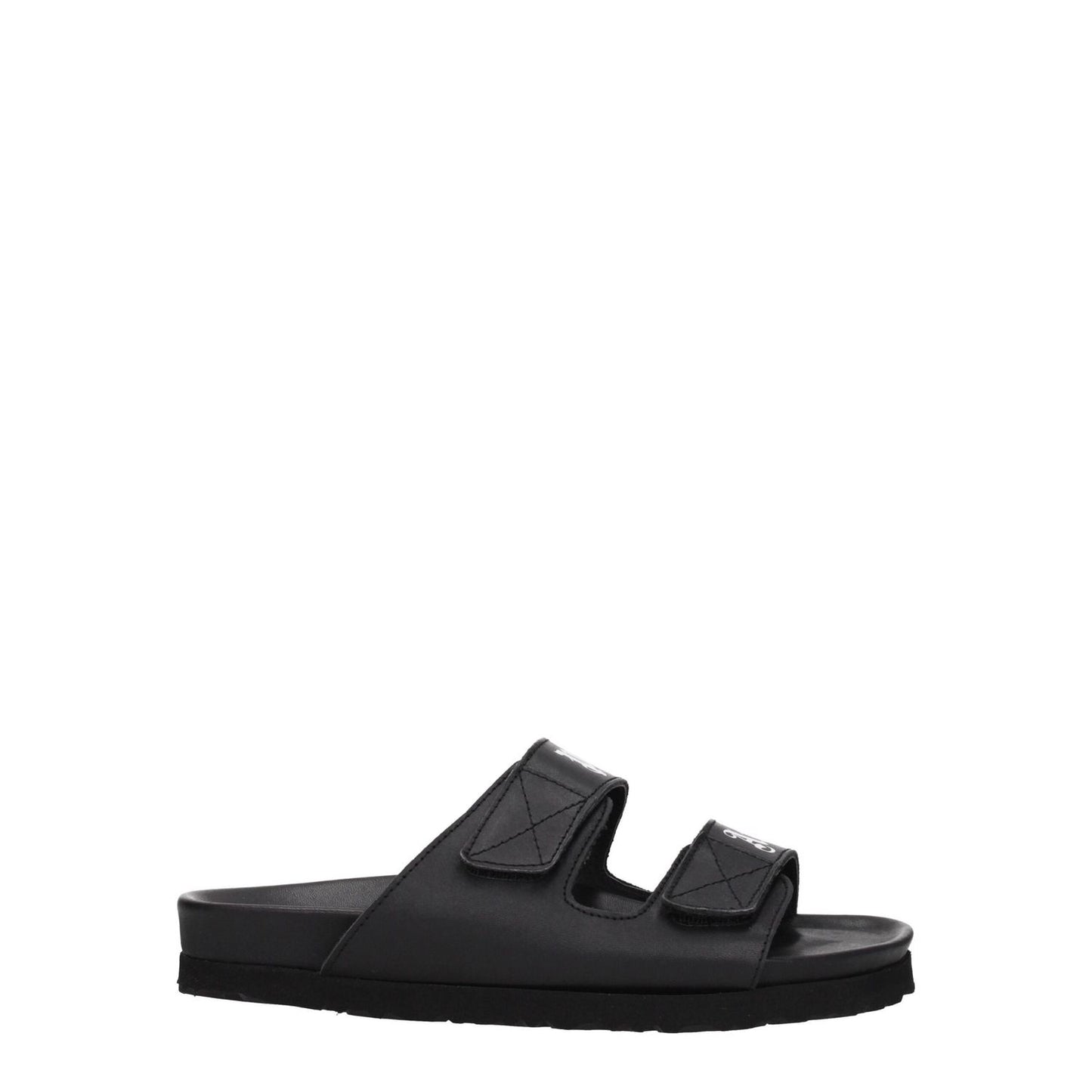 Palm Angels Black Leather Flat Sandals with front logo and strap closure on a low rubber sole.