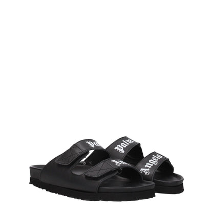 Palm Angels Black Leather Flat Sandals with logo and strap closure, featuring a rubber sole and casual style for everyday wear.