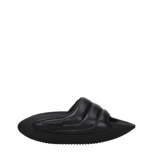 Balmain Black Leather Slippers with side logo, featuring open toe design and mid heels, crafted with leather and rubber sole for casual style.
