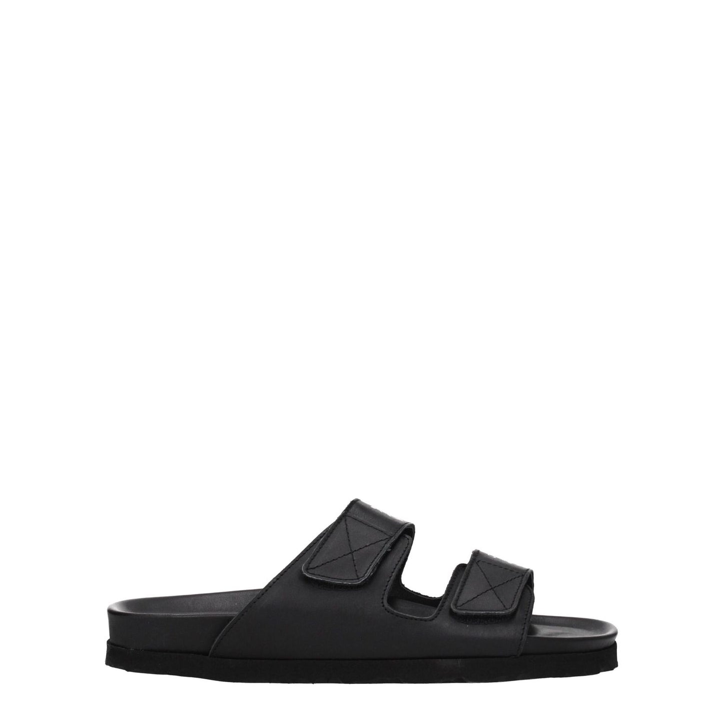 Palm Angels Black Leather Slippers with strap closure, open toe, and rubber sole. Casual style with front logo. MPN PMIH005LEA0011001.
