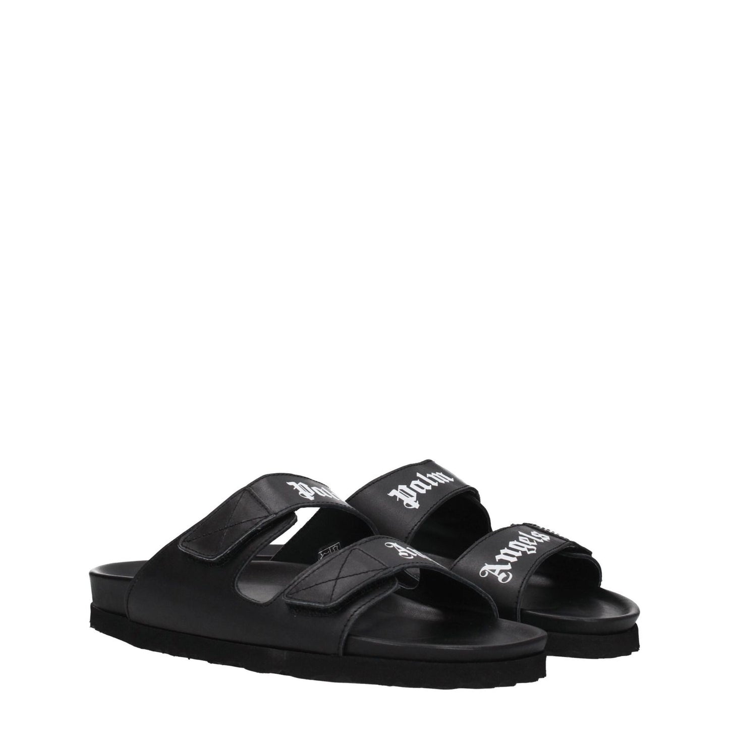 Palm Angels Black Leather Slippers with open toe and logo on strap closure, featuring a low heel and rubber sole for casual style.