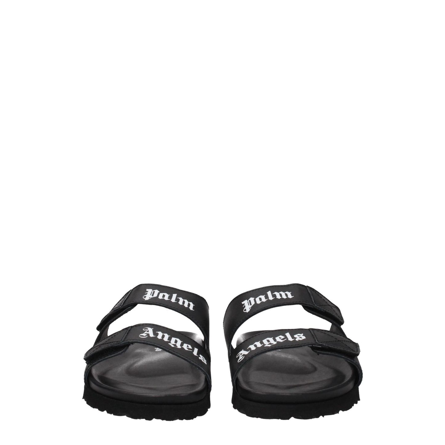 Palm Angels Black Leather Slippers with front logo and strap closure, open toe design, rubber sole, low heel, casual style footwear.