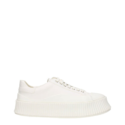 Jil Sander White Fabric Platform Sneakers with lace-up closure, casual style, rubber wedge sole, and round toe design.