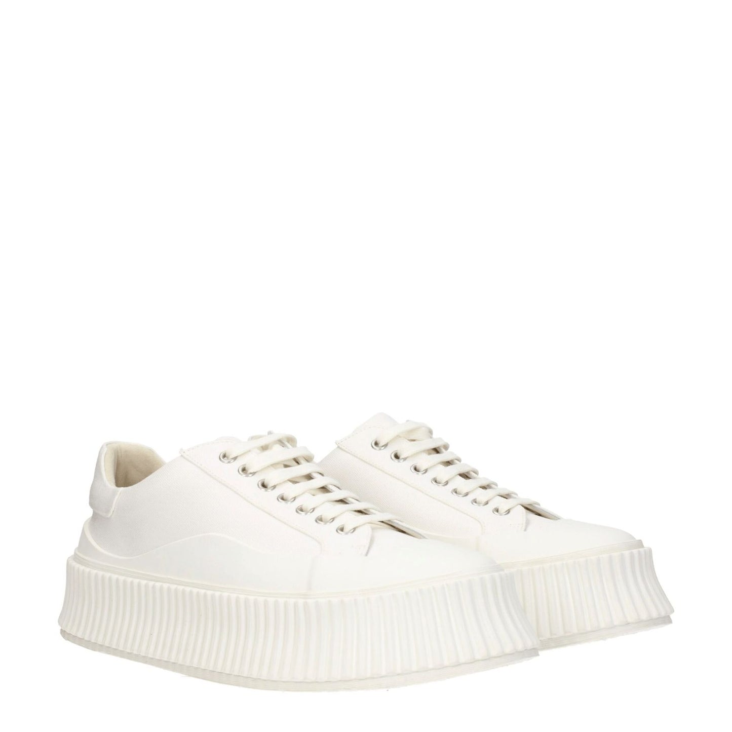 Jil Sander White Fabric Platform Sneakers with lace-up closure and rubber soles, featuring a 5 cm wedge heel.