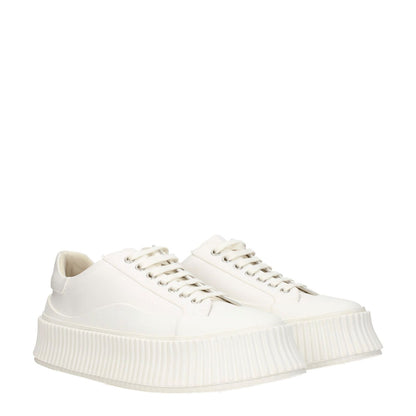 Jil Sander White Fabric Platform Sneakers with lace-up closure and rubber soles, featuring a 5 cm wedge heel.
