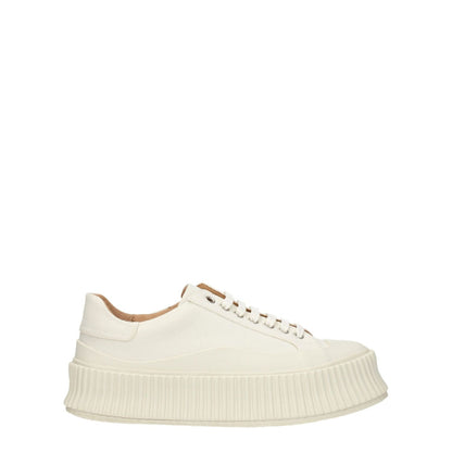 Jil Sander White Fabric Platform Sneakers with wedge heel, lace-up closure, aged effect, and rubber sole.