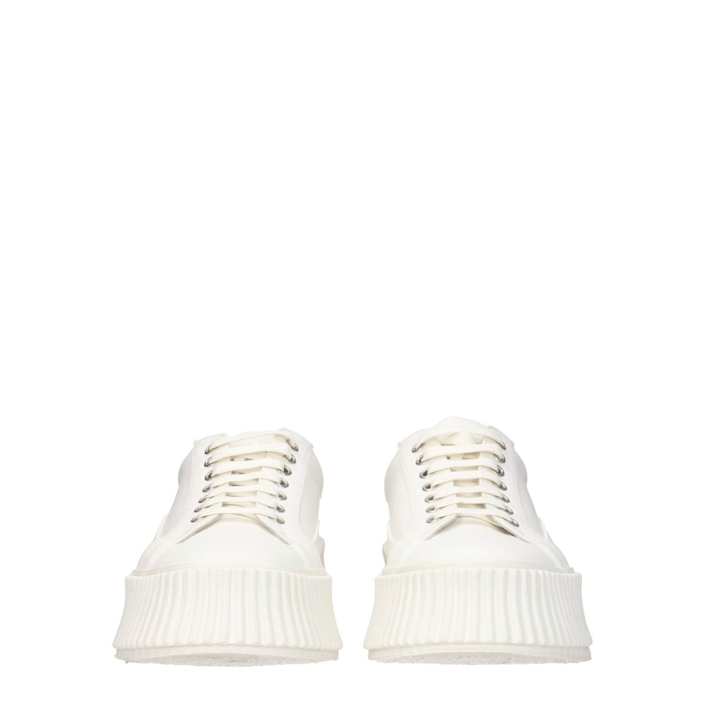 Jil Sander White Fabric Platform Sneakers with lace-up closure, rubber sole, and 5 cm wedge heel. Casual style with round toe.