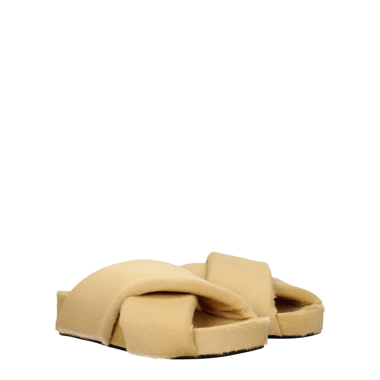 Jil Sander Beige Horsehair Slippers with open toe design and vintage effect, made of pony skin with leather sole and low flat heel.