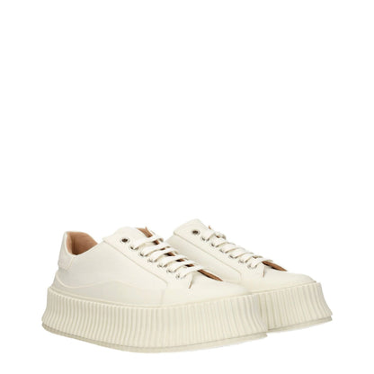 Jil Sander White Fabric Platform Sneakers with aged effect, lace-up closure, 5 cm wedge heel, rubber sole, street style.