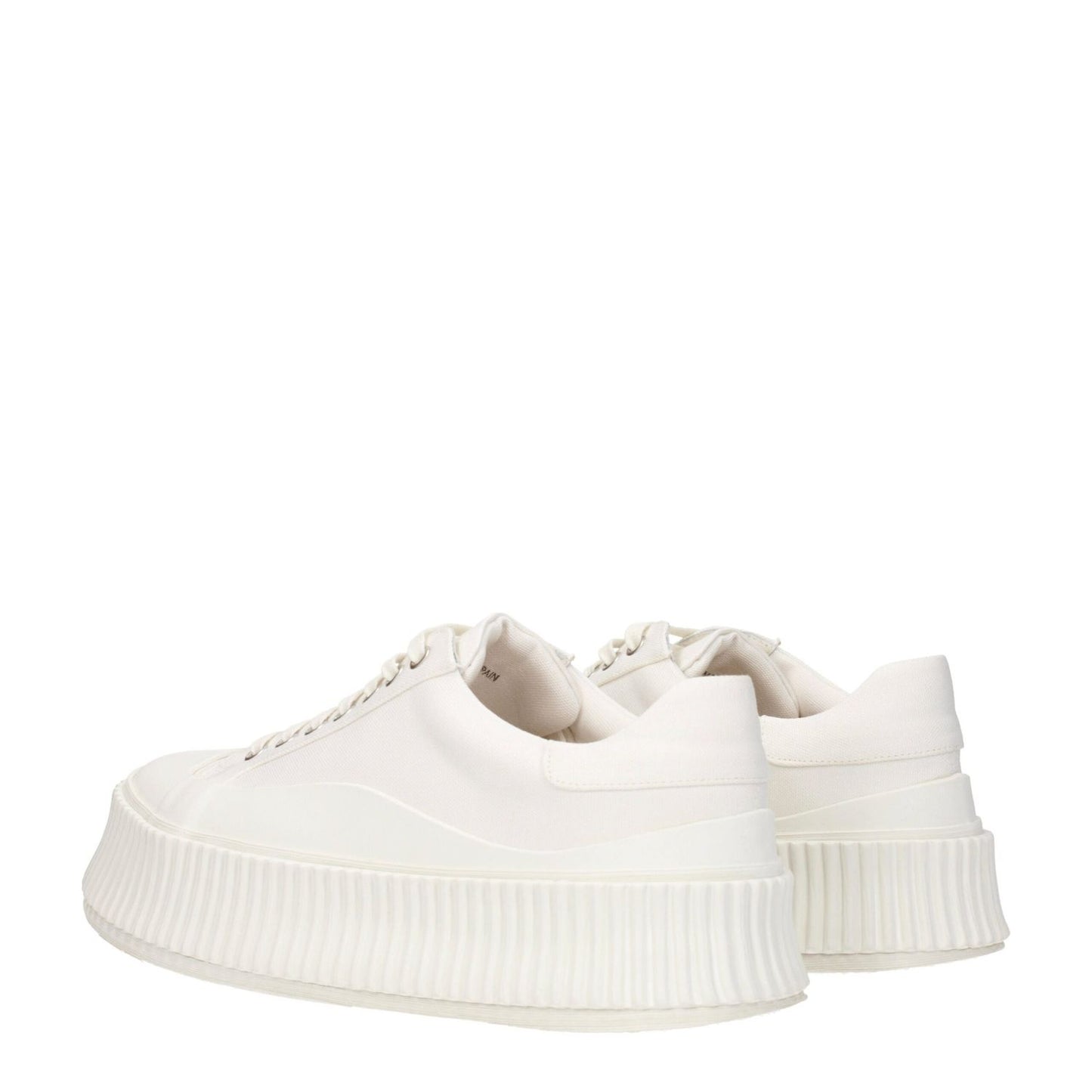 Jil Sander White Fabric Platform Sneakers with wedge heel, lace-up closure, and rubber sole. Casual style and round toe design.