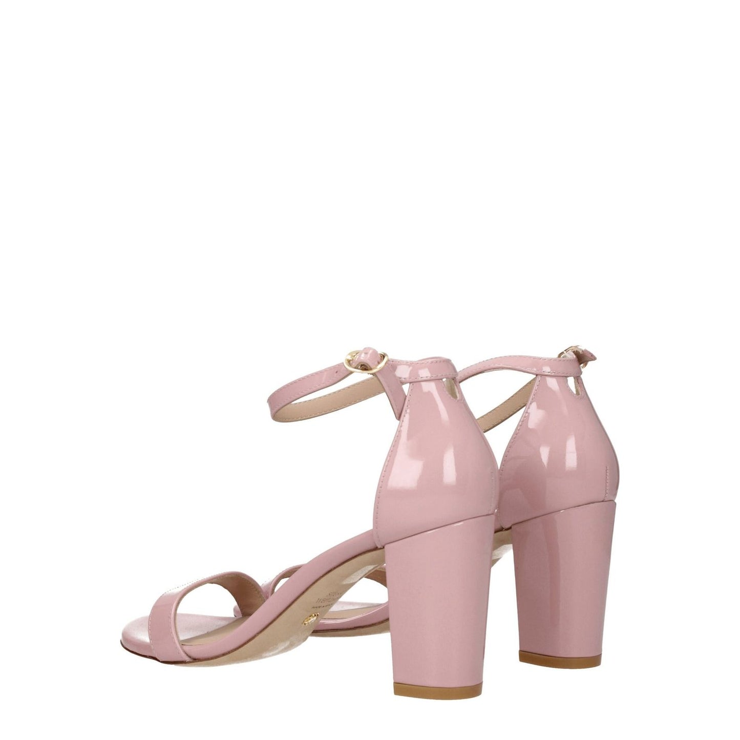 Stuart Weitzman Pink Leather Stiletto Heel Sandals with open toe, buckle closure, and 8 cm mid heels, patent leather design.