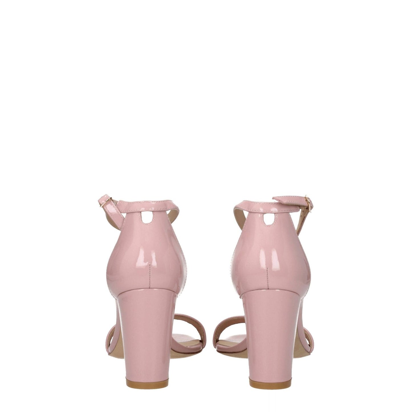 Stuart Weitzman Pink Leather Stiletto Heel Sandals with buckle closure and open toe design, viewed from the back.
