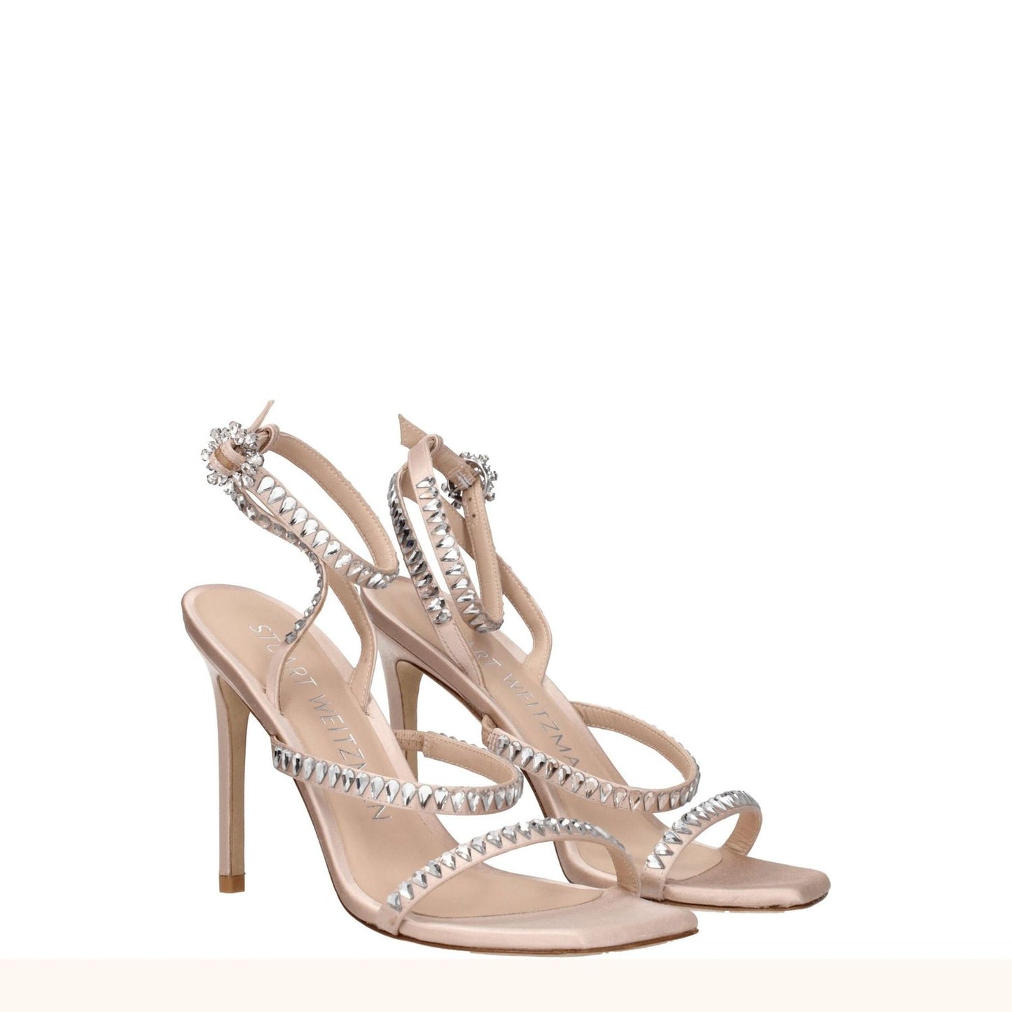 Stuart Weitzman Pink Satin Stiletto Heel Sandals with rhinestones and buckle closure, featuring 10 cm high heels and open toe design.