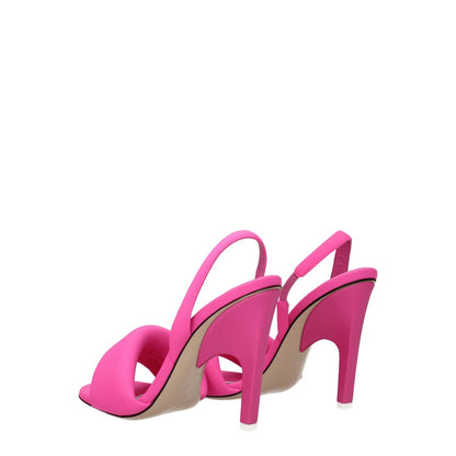 The Attico Pink Fabric Stiletto Heel Sandals with open toe and high heel design, made of pink fabric and leather sole.