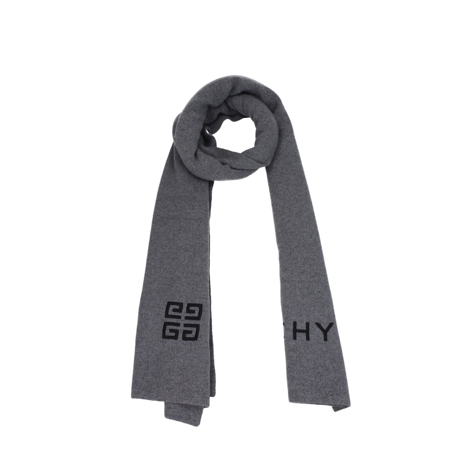 Alt Tag: Givenchy Gray Wool Scarf with logo design, crafted from 70% wool and 30% cashmere, casual style, wolf grey, dimensions 40x180 cm.