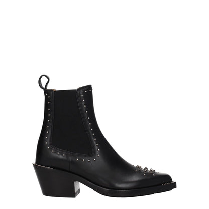 Chloé Black Leather Ankle Boots with studs and stones, square toe, casual style, mid heels, rubber sole, silver details.