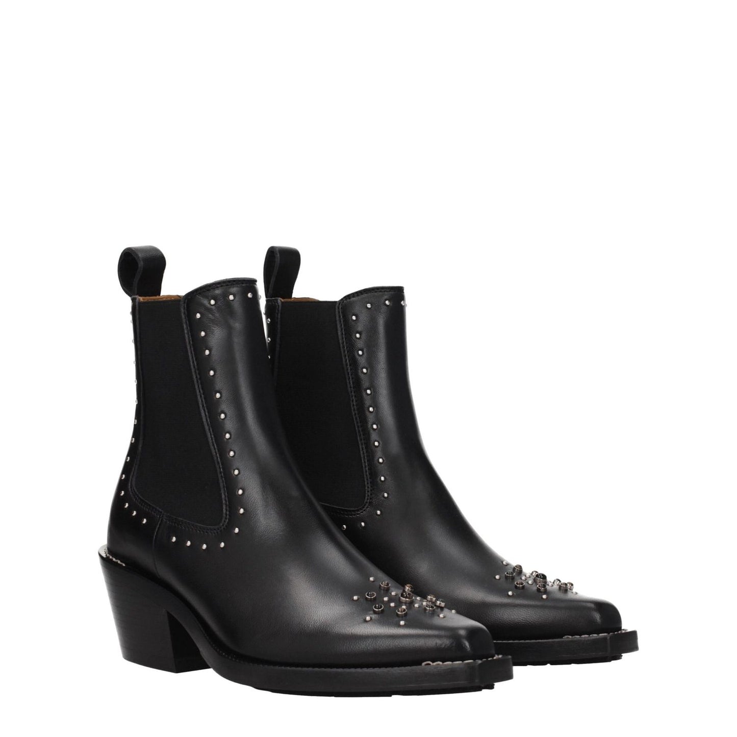 Chloé Black Leather Ankle Boots with studs and stones, featuring square toe and mid heels, perfect for a casual style.