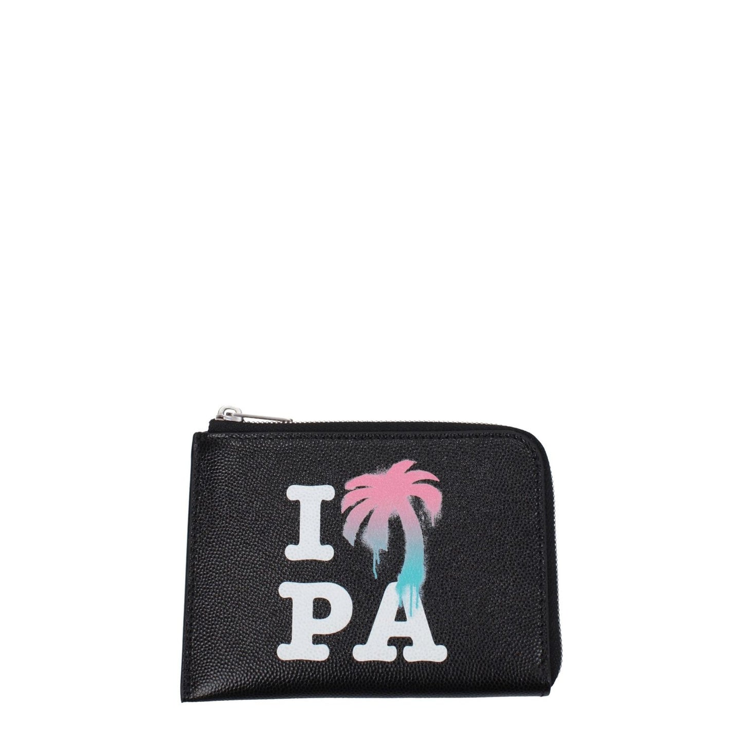 Palm Angels Black Leather Cardholder with palm tree logo, zip closure, and 5 card slots. Size: 1.5x9x12.5 cm. Casual style document holder.
