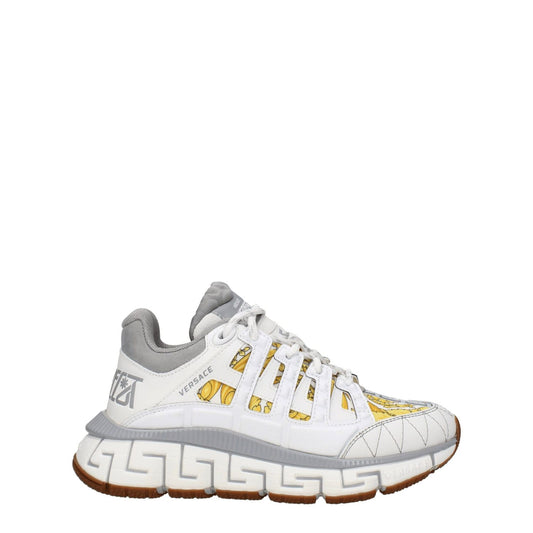 Side view of Versace White Fabric Athletic Sneakers featuring logo prints and grey accents, designed for casual style with lace-up closure.
