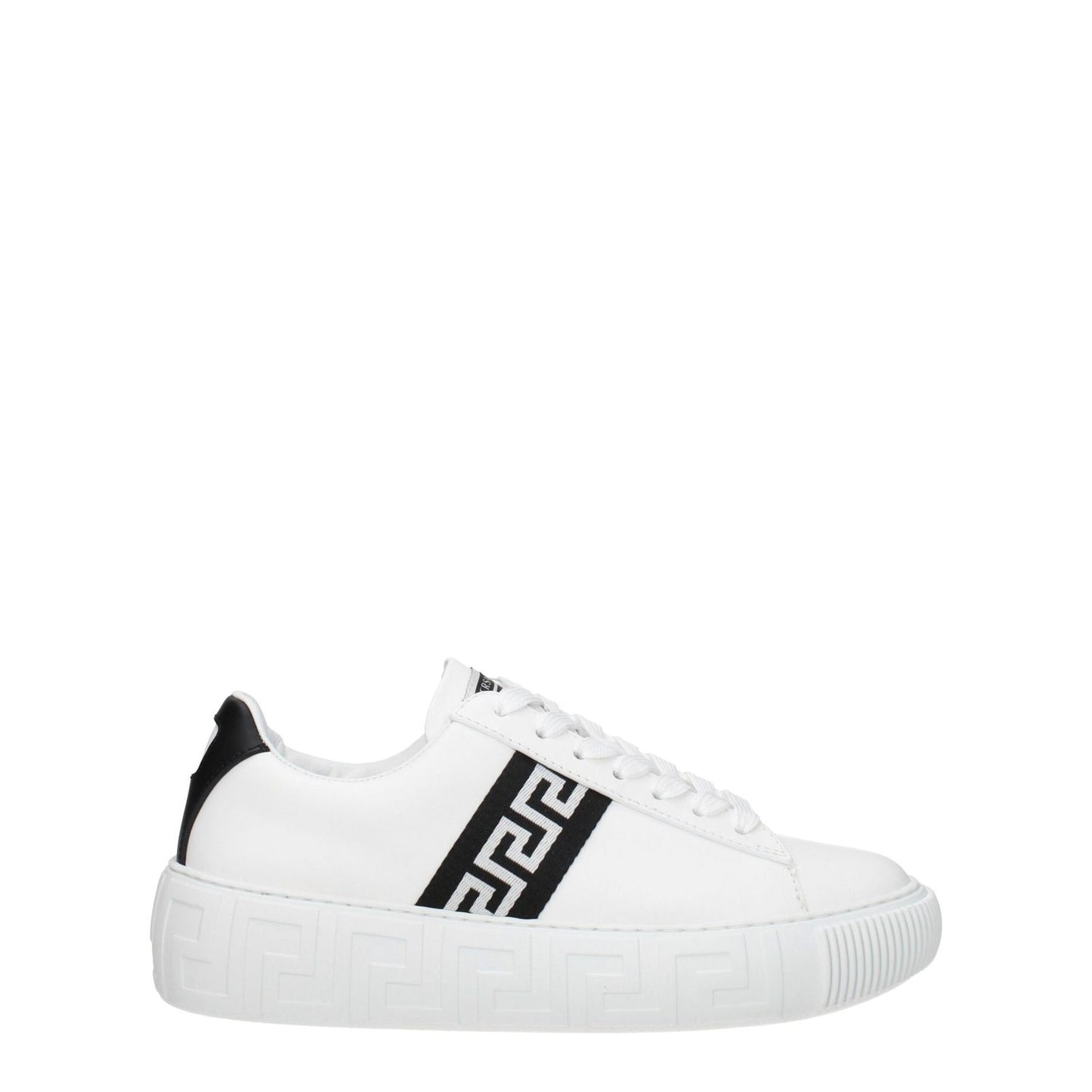 Versace White Leather Low Top Sneakers with lace-up closure, rubber sole, and black accents for a casual style.