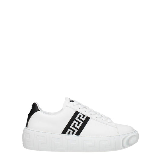 Versace White Leather Low Top Sneakers with black accents, lace-up closure, casual style, and rubber sole, featuring front logo.