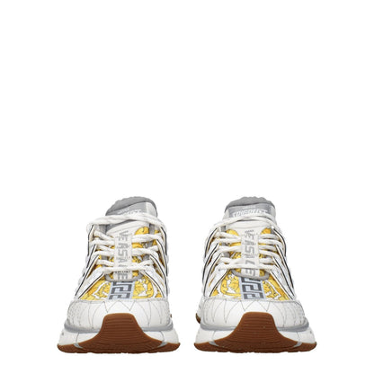Versace White Fabric Athletic Sneakers with front, side, back logos and rubber sole, featuring white fabric, lace-up closure, and mid heels.