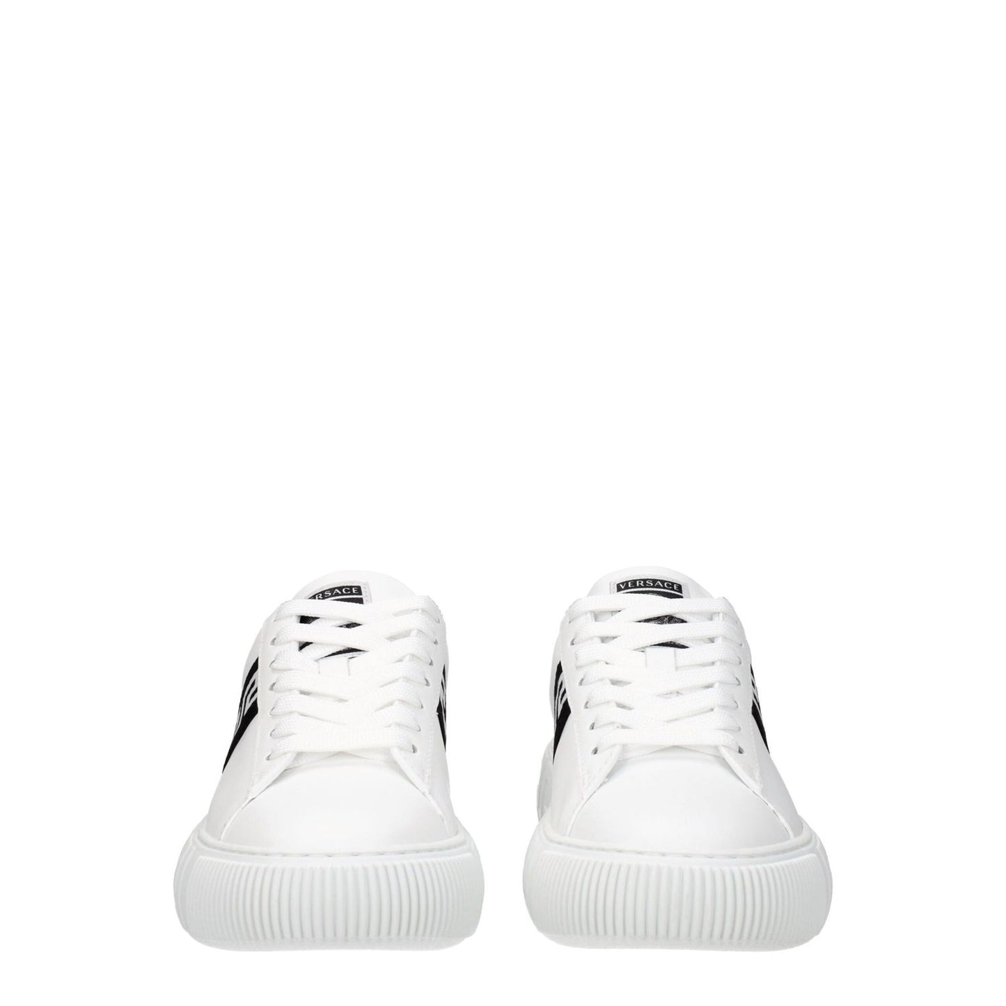 Versace White Leather Low Top Sneakers with black logo, lace-up closure, rubber sole, round toe, low flat heel.