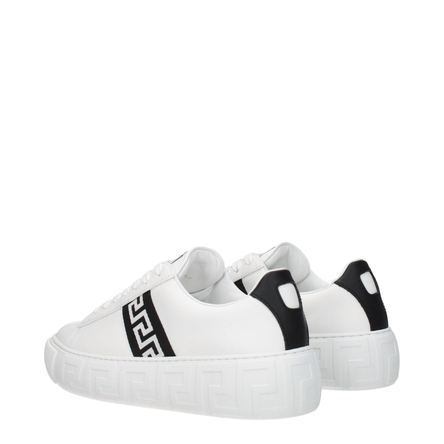 Versace White Leather Low Top Sneakers with black accents and logo design, featuring lace-up closure and rubber sole for casual style.