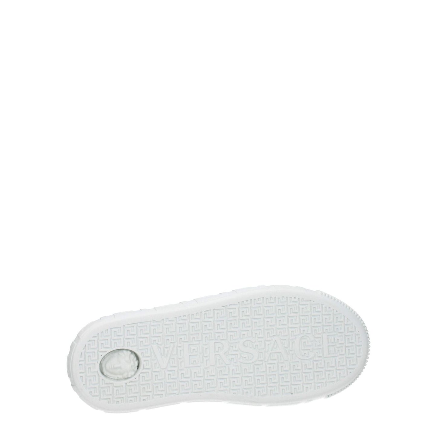 Sole of Versace White Leather Low Top Sneakers featuring logo pattern on rubber material.