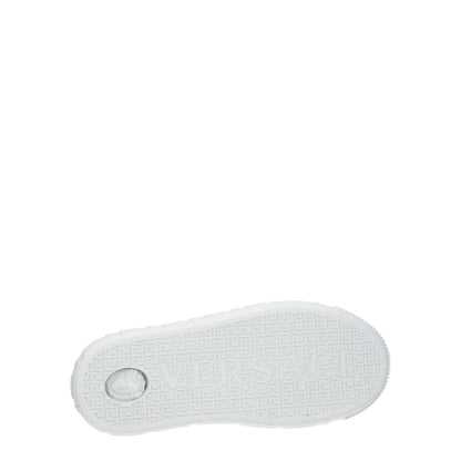 Sole of Versace White Leather Low Top Sneakers featuring logo pattern on rubber material.