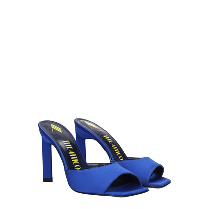 The Attico Blue Satin Stiletto Heel Sandals with open toe and rhinestone details, featuring high heel and leather sole.