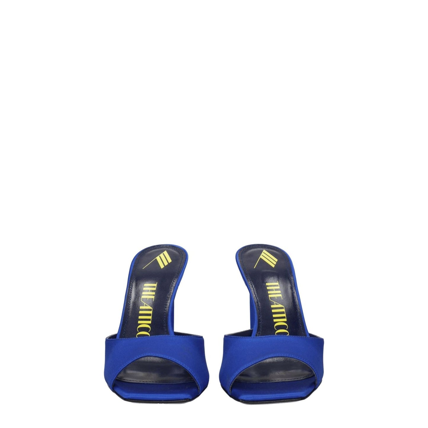 The Attico Blue Satin Stiletto Heel Sandals with rhinestone accents, open toe design, and high cobalt heels.