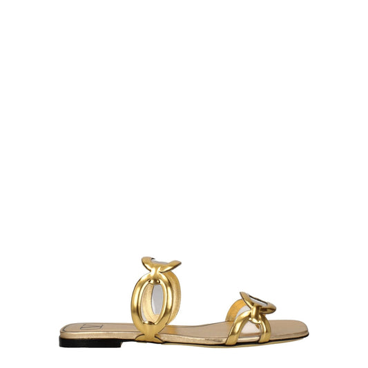Valentino Garavani Gold Leather Slippers, open toe, flat heel, casual style, luxurious gold leather, perfect for elegant summer wear.